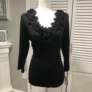Black Long Sleeve Ruffle Flower Neckline Top